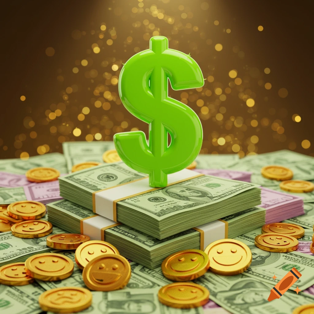 A large green dollar sign stands on stacks of banknotes, surrounded by gold coins with smiley faces, all set against a blurry golden bokeh background.