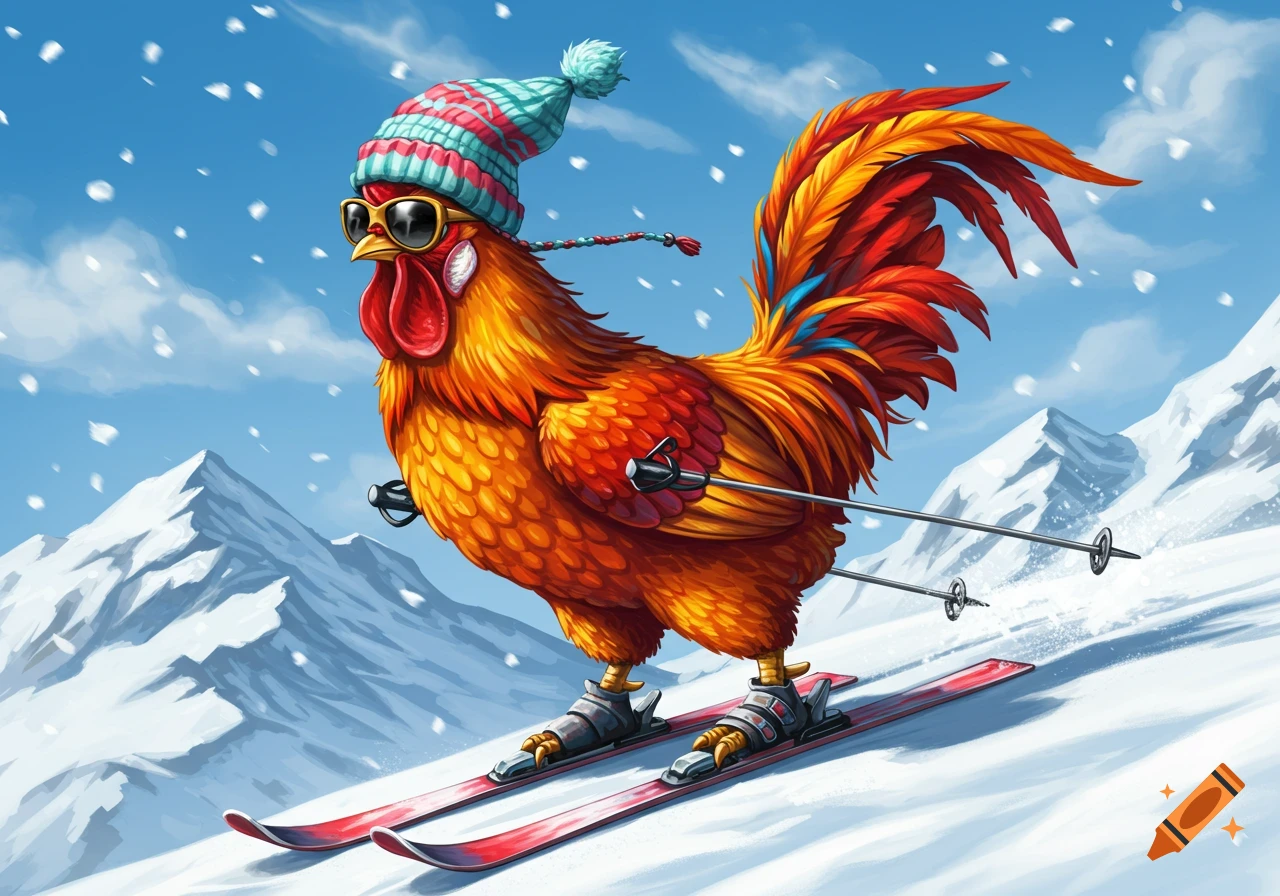A colorful rooster wearing sunglasses and a knit hat downhill skis down a snowy mountain with flakes falling.