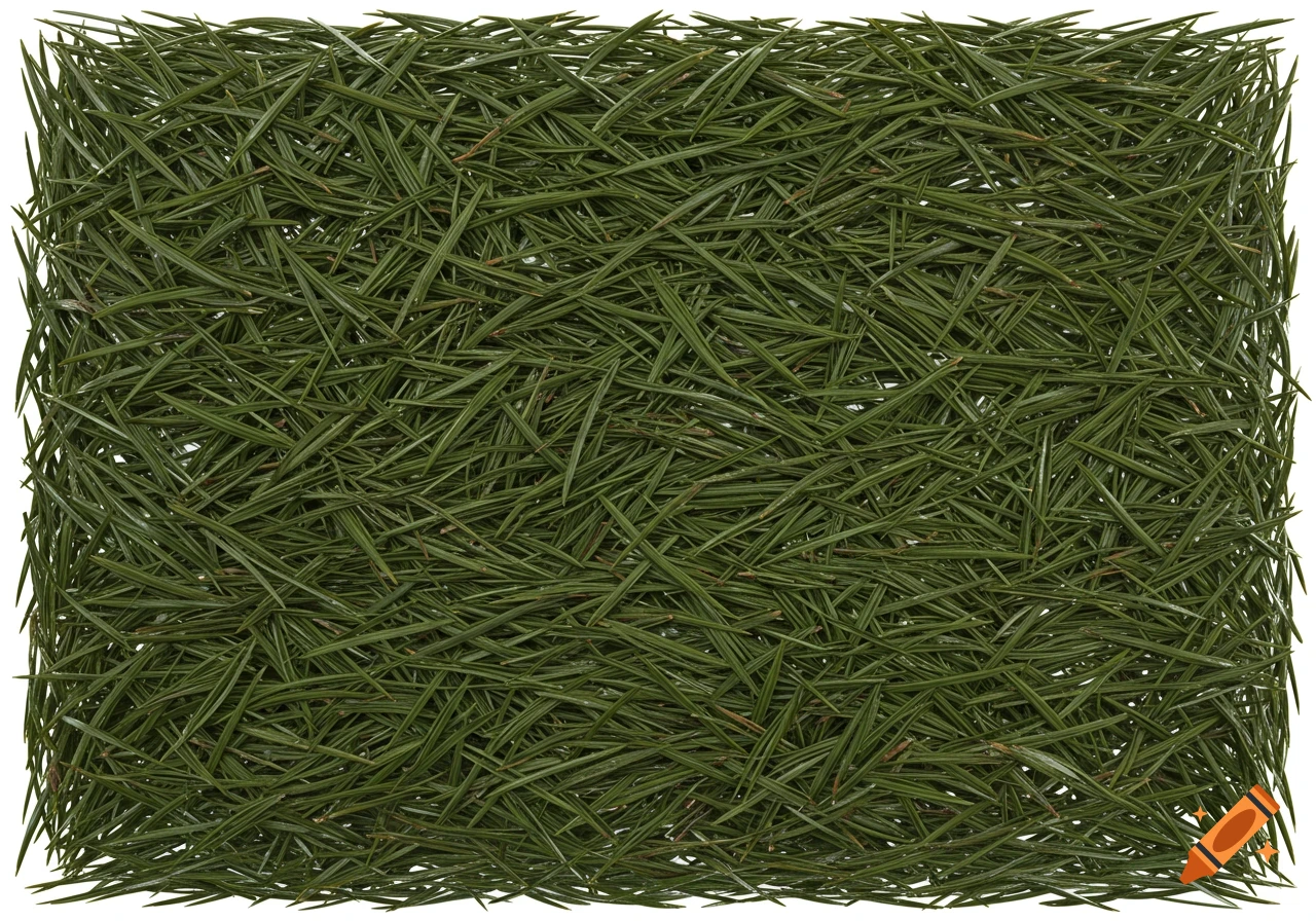 Realistic close-up of a dense pile of green pine needles on a white background, forming a natural texture.