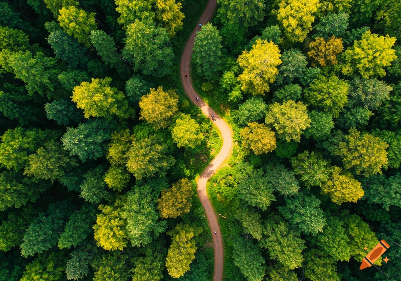 Aerial view of a winding dirt path through a dense green and yellow forest with a few people on it.