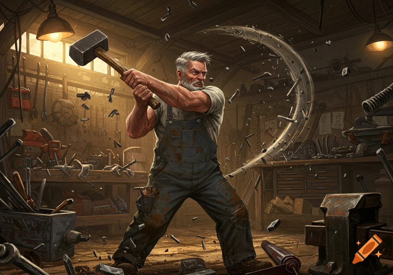 A muscular older man with a beard vigorously swings a hammer in a rustic, cluttered workshop filled with flying tools, in a dynamic art style.