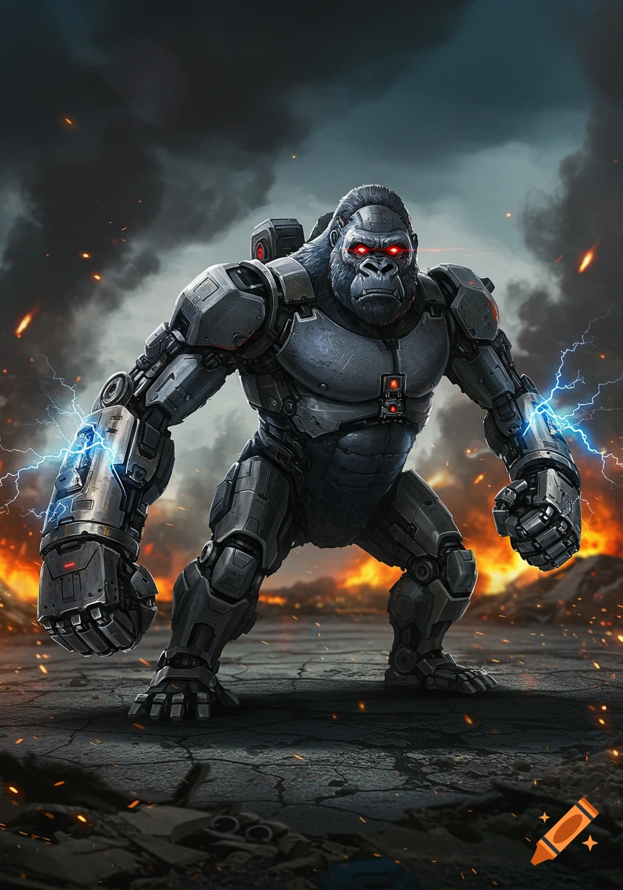 A powerful robotic gorilla with glowing red eyes stands in a fiery, smoke-filled battlefield with lightning, digital art.