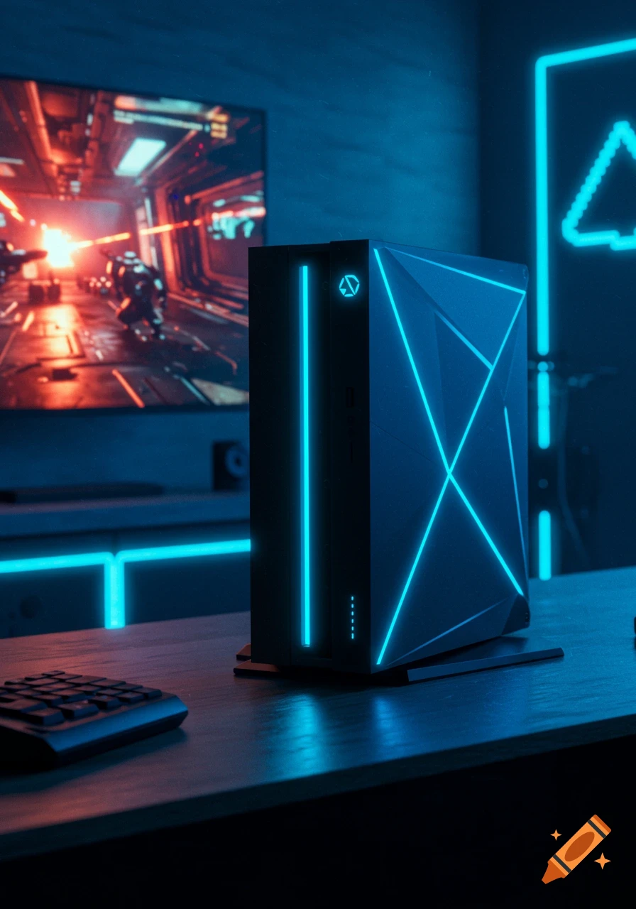 Futuristic gaming console with glowing blue neon lights in a dark room, next to a TV displaying a video game.