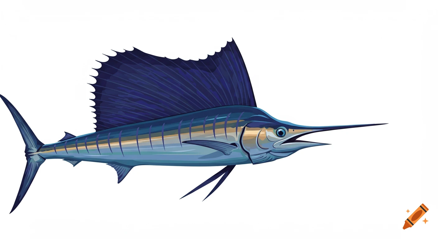 A stylized blue and gold sailfish with a large dorsal fin and long sword-like snout, in side profile on a white background.