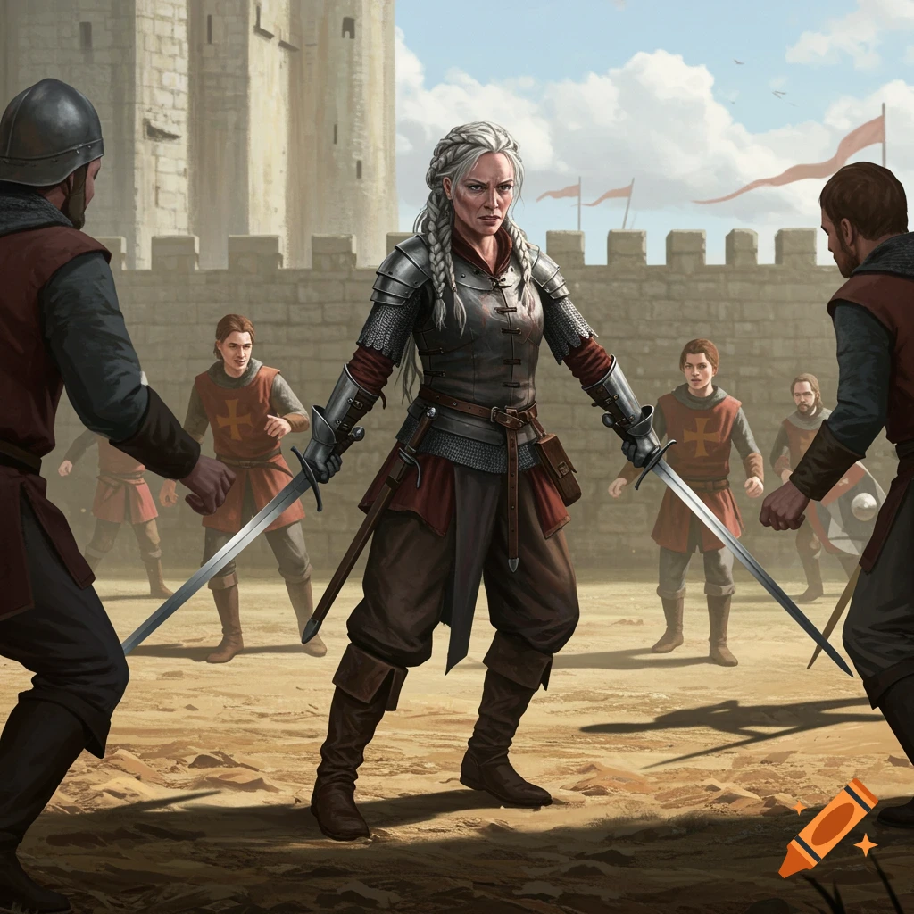 A female warrior with grey braided hair in steel and leather armor spars with male soldiers wielding swords in a castle courtyard.