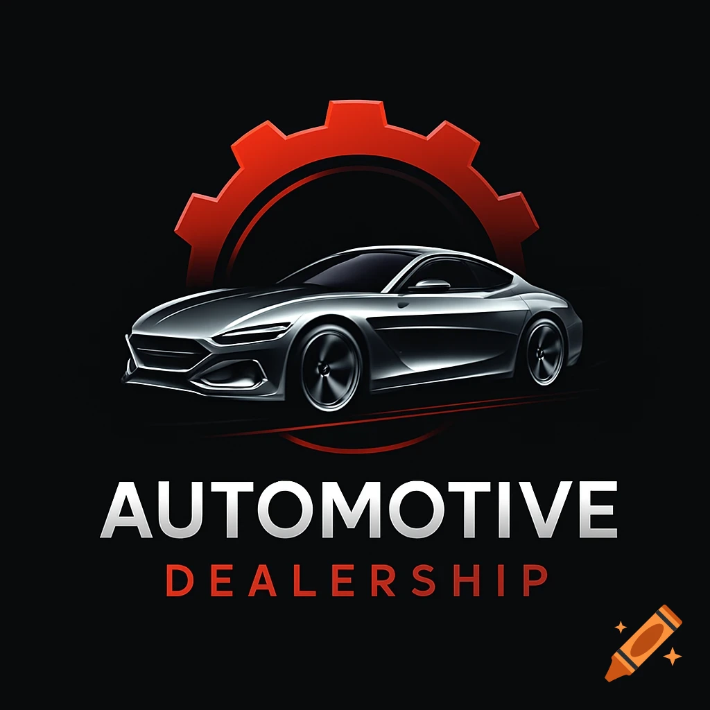 Automotive Dealership logo featuring a silver sports car, red gear, and text on a black background.