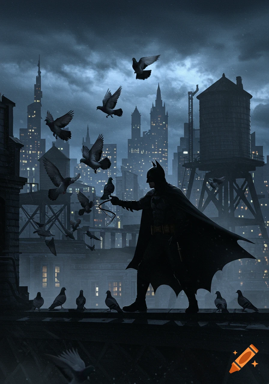 Batman, in silhouette, stands on a dark, rainy rooftop at night, surrounded by pigeons with a gloomy cityscape in the background.