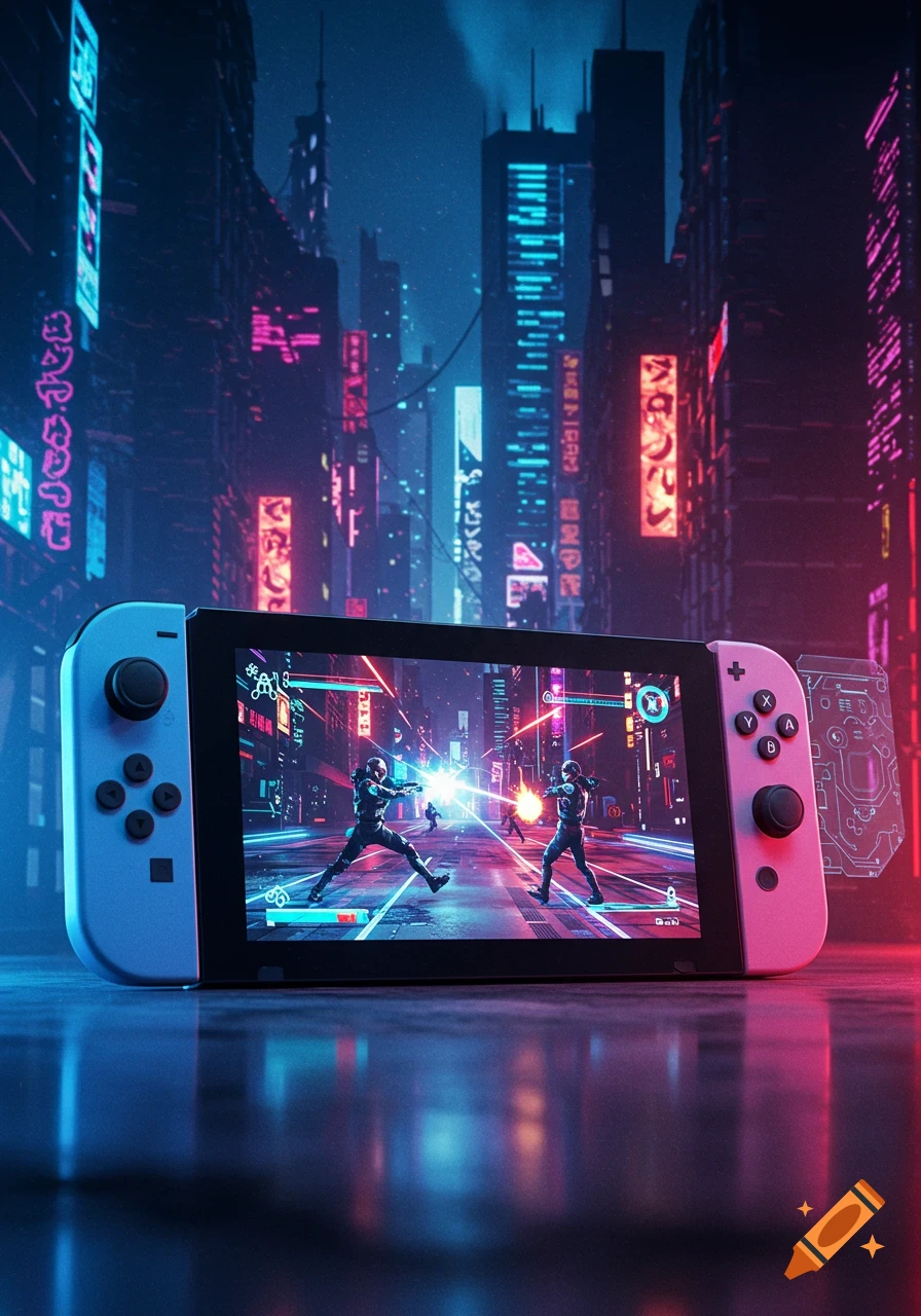 A Nintendo Switch console displays a futuristic shooting game on its screen, set against a vibrant, neon-lit cyberpunk city at night.