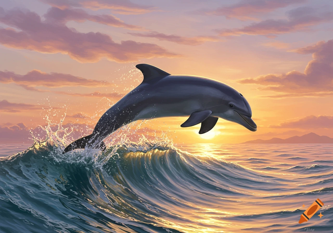 A dolphin jumps gracefully out of a large ocean wave against a vibrant orange and purple sunset.