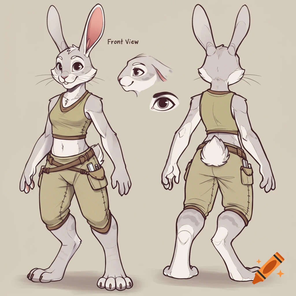 A character reference sheet of an anthropomorphic gray rabbit wearing a crop top and cargo pants, shown in front and back views with head and eye details.