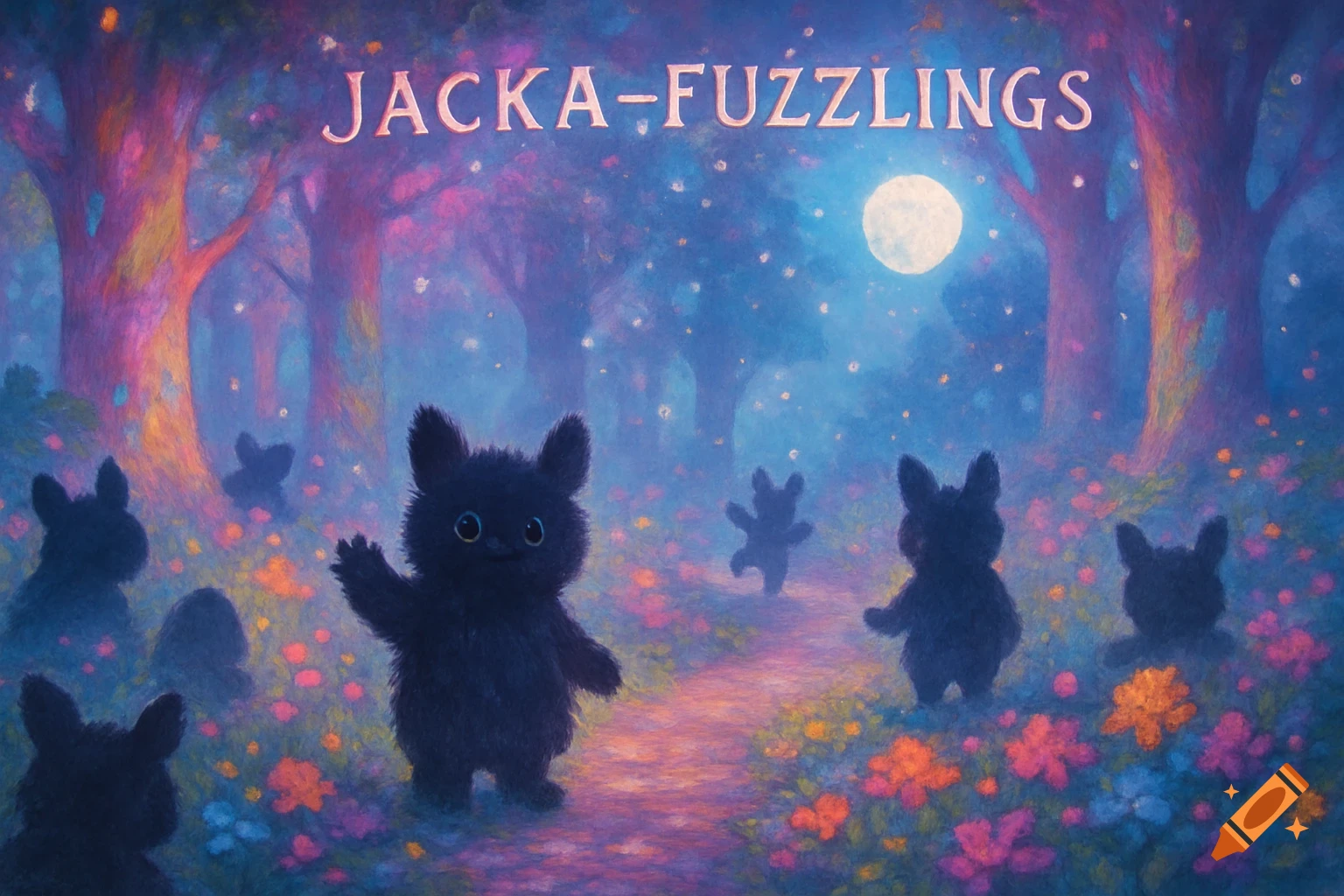 Fluffy black Jacka-Fuzzlings on a moonlit path in a magical, colorful forest filled with glowing flowers, one waving.