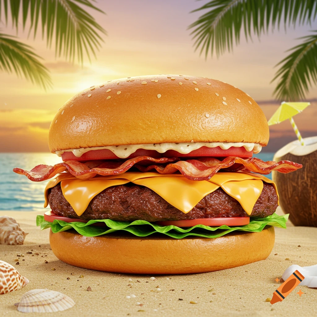 Photorealistic cheeseburger with bacon, cheese, lettuce, and tomato on a sesame bun, on a sandy beach at sunset with palm trees and ocean.