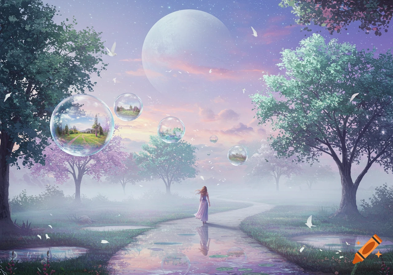 A woman walks on a path in a foggy, dreamlike landscape with giant bubbles floating, a large moon, and pastel sky.