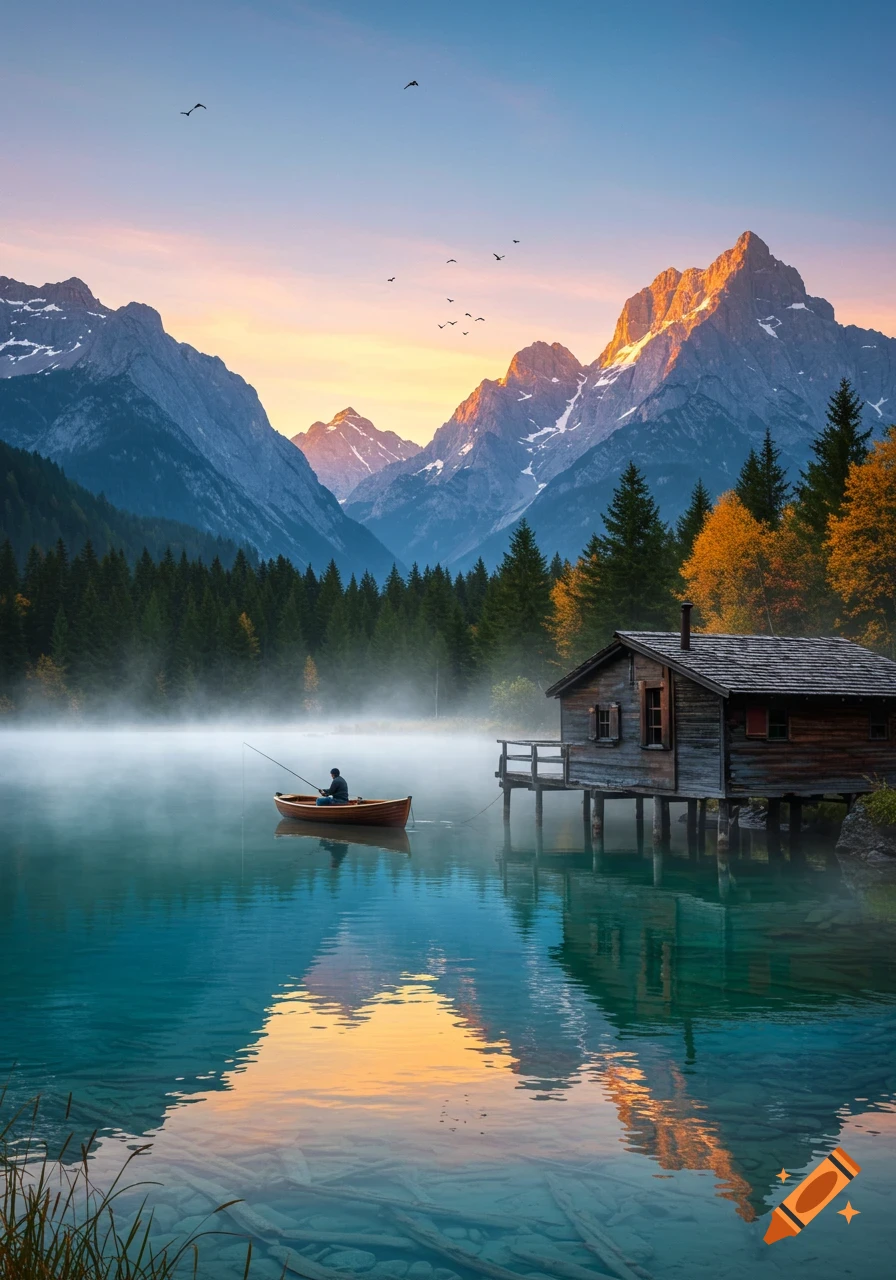 A lone fisherman in a rowboat on a misty mountain lake at sunrise, with a rustic cabin, pine forest, and sunlit peaks.