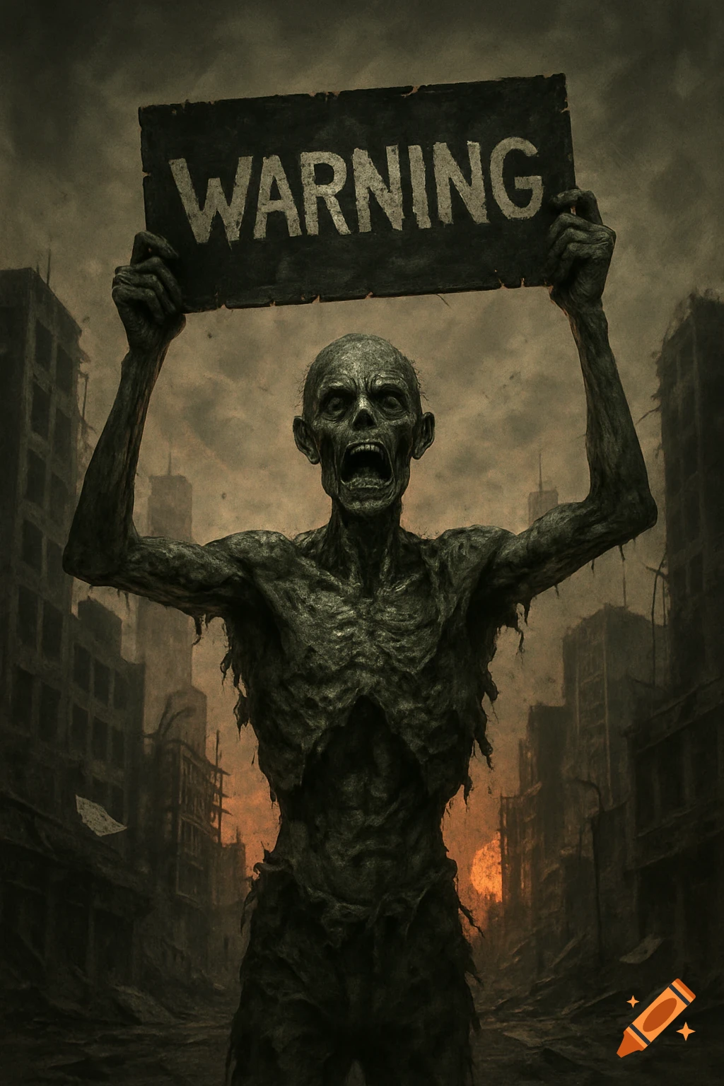 A grotesque zombie with decaying skin stands in a ruined city, holding a "WARNING" sign over its head against a dark, cloudy sky and orange sunset.