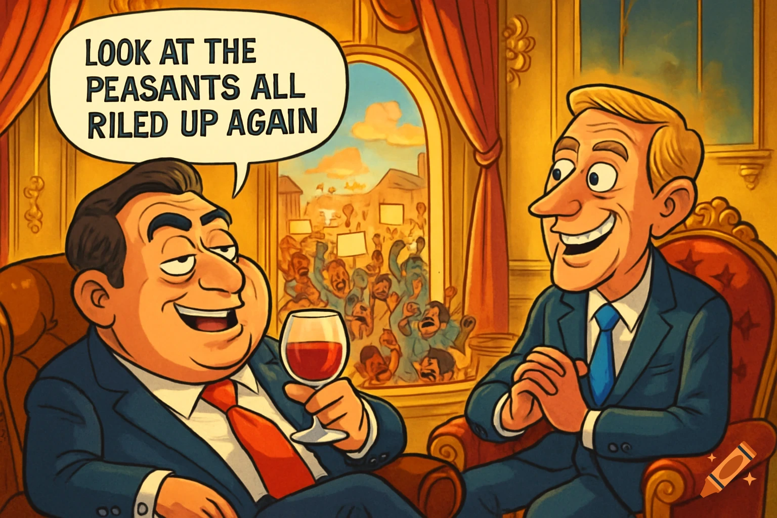 Two smiling cartoon politicians in suits watch a protesting crowd through a window, one holding wine and saying, "LOOK AT THE PEASANTS ALL RILED UP AGAIN".
