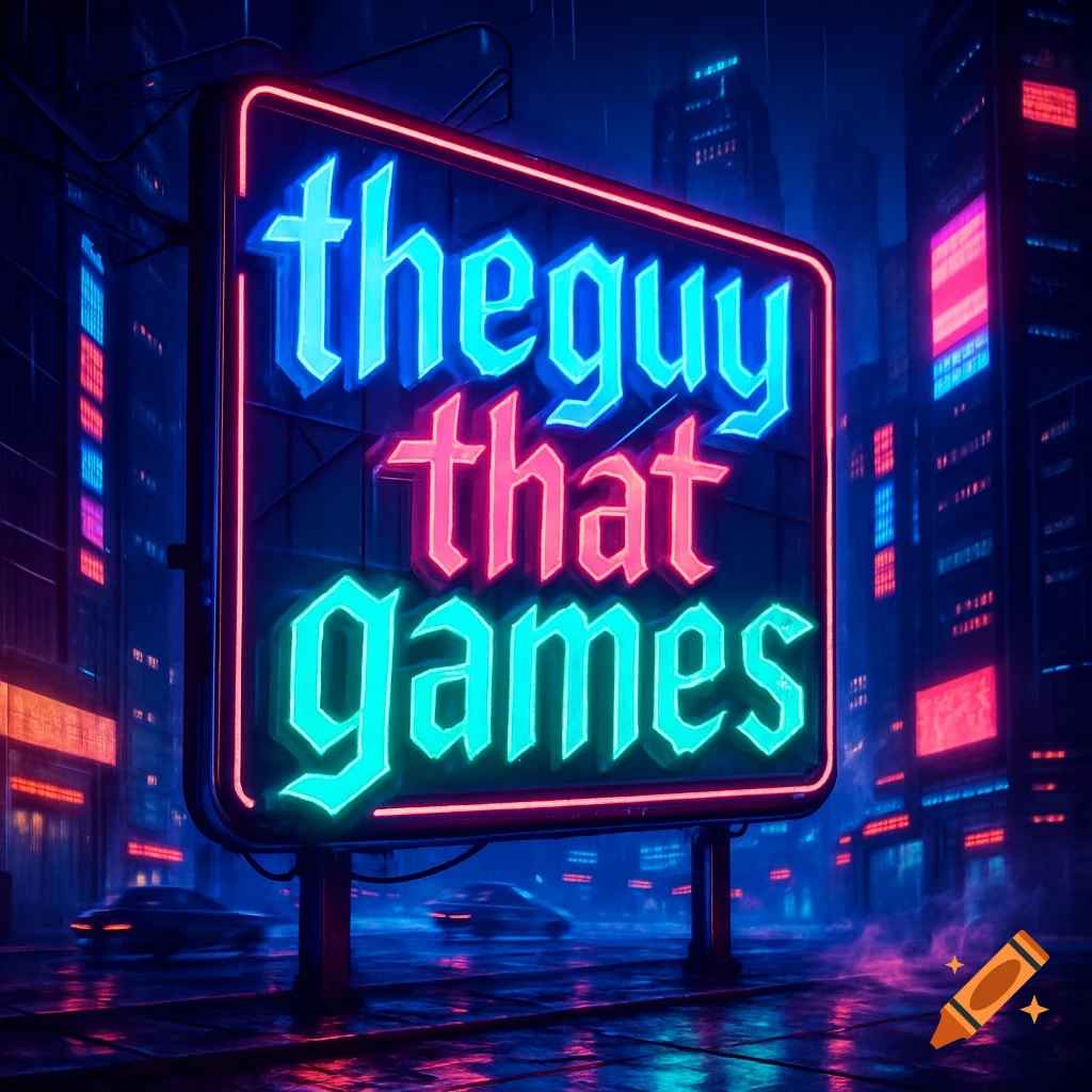 A vibrant neon sign in a dark, rainy city street says 'theguy that games' in blue, pink, and green letters.