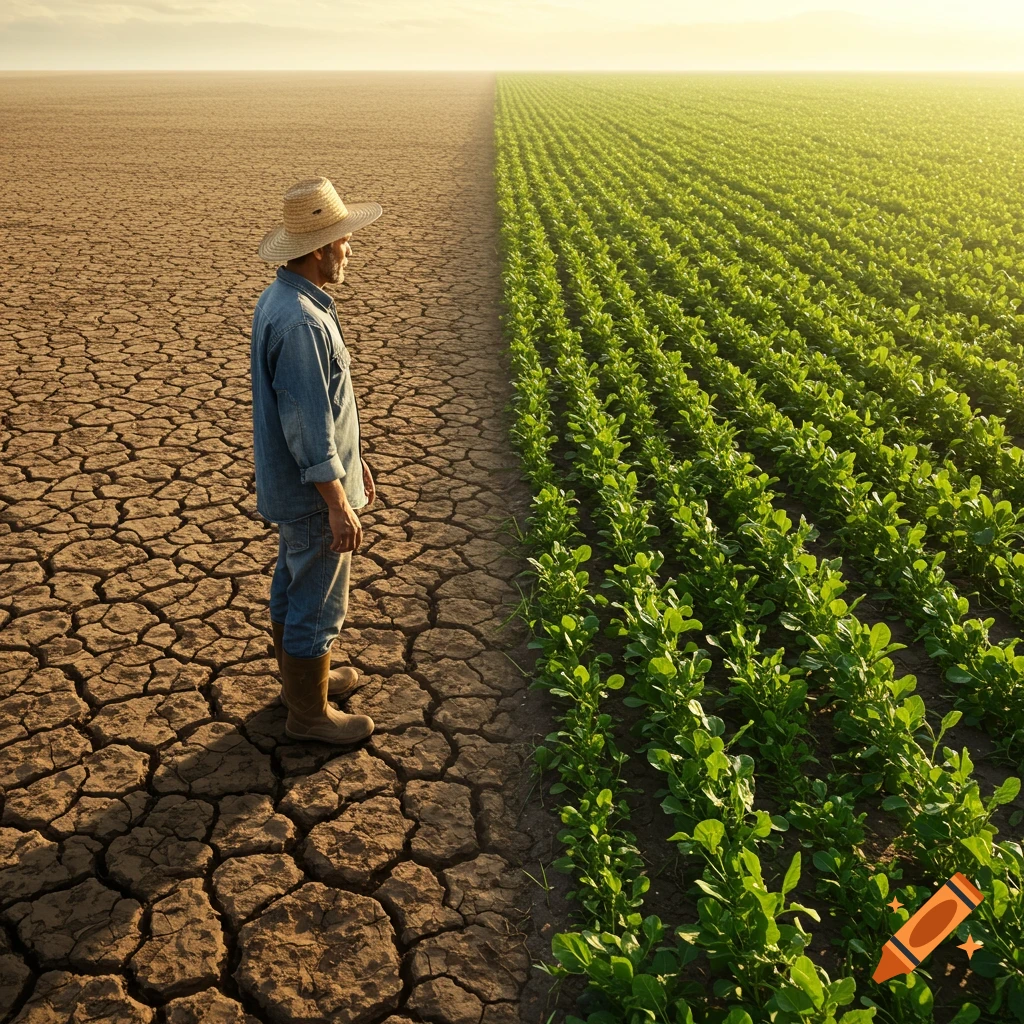 A farmer stands looking out at a field split between dry, cracked earth and lush green crops, under a golden sky.