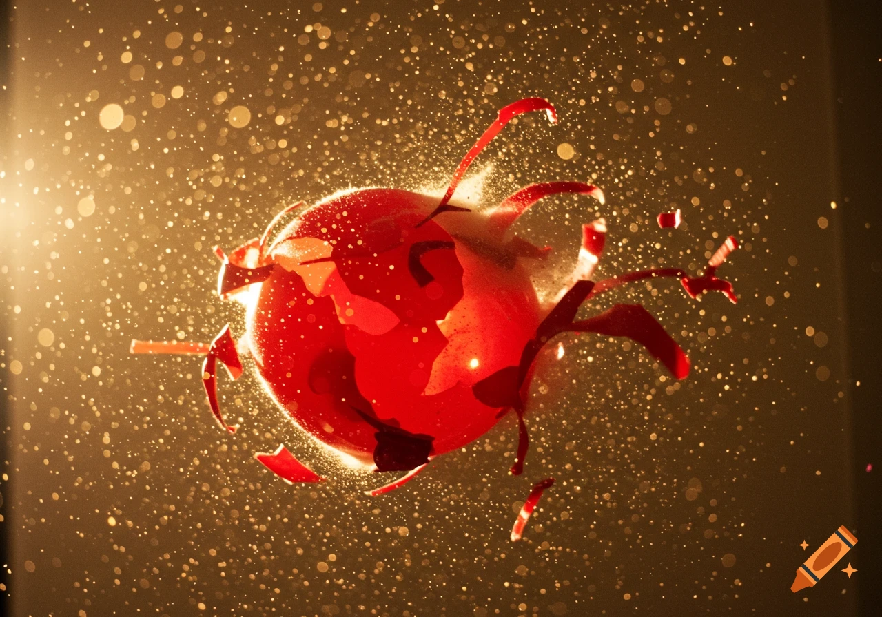A red balloon bursts in a shower of golden particles, captured in a photorealistic high-speed photograph.