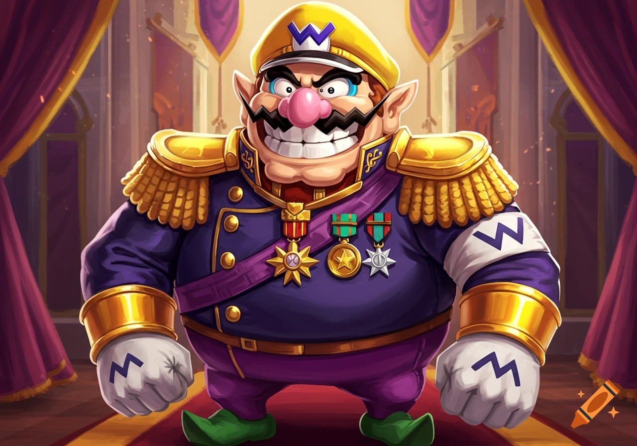 Wario depicted as a proud dictator in a purple and gold military uniform with medals, standing in a grand hall.