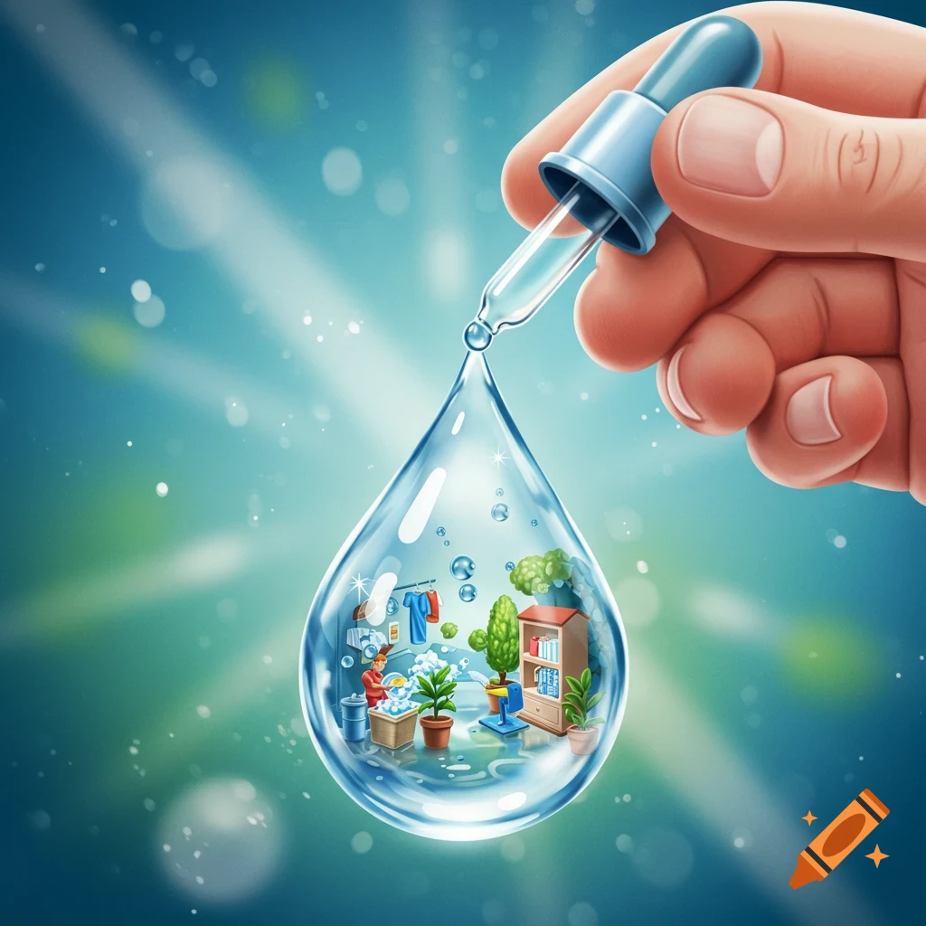 Cartoon hand holding a dropper, releasing a water droplet with miniature scenes of water conservation and household use.