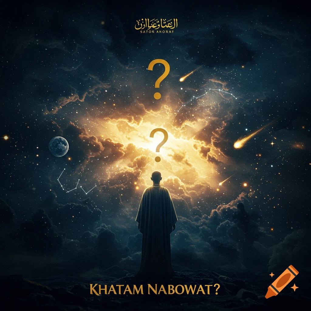A robed figure stands facing a bright, starry nebula with planets and meteors. Two golden question marks hover in the cosmic scene. Text at the bottom reads "KHATAM NABOWAT?". Additional decorative text is at the top.