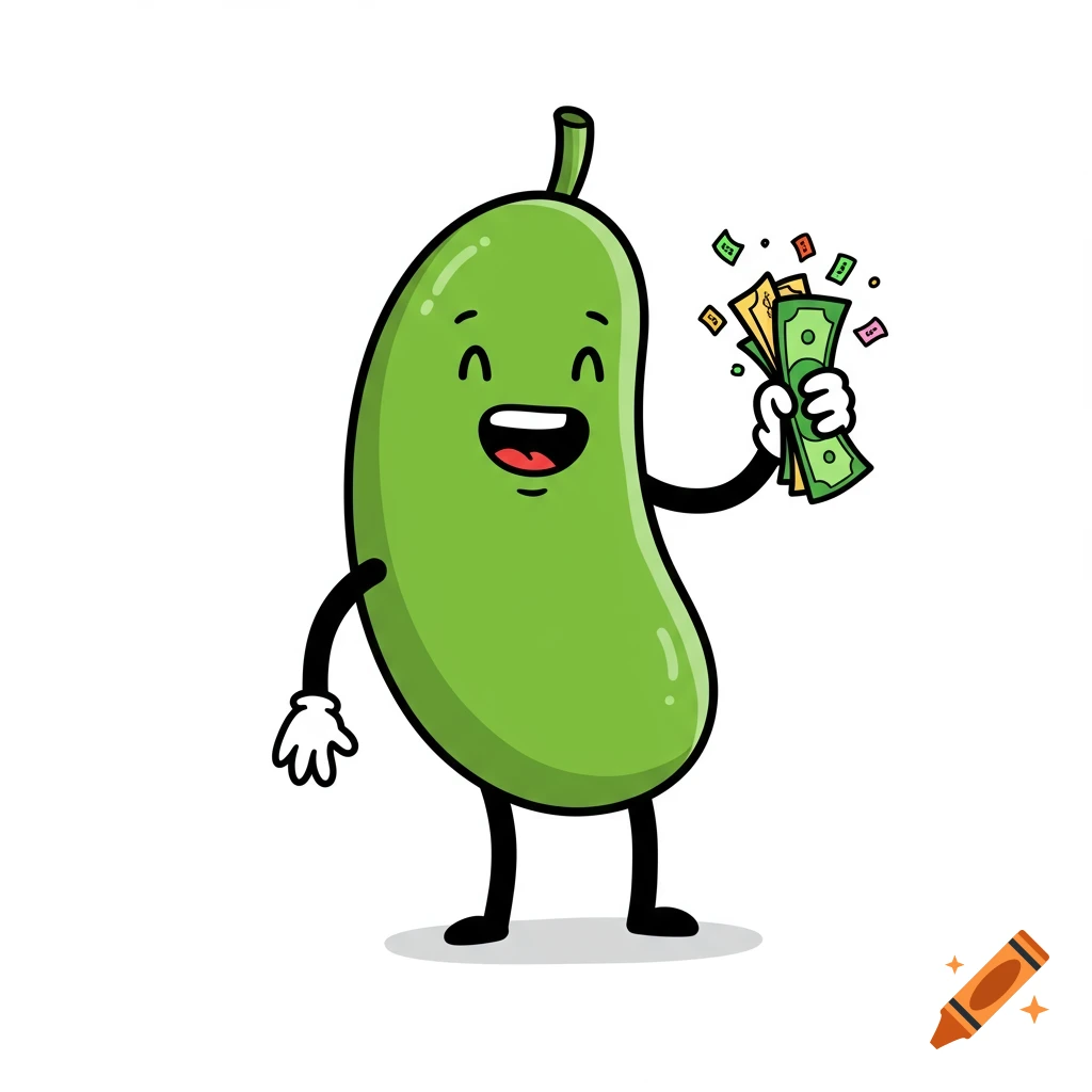 A happy green 2D cartoon bean character with black line limbs, smiling and holding a wad of cash.