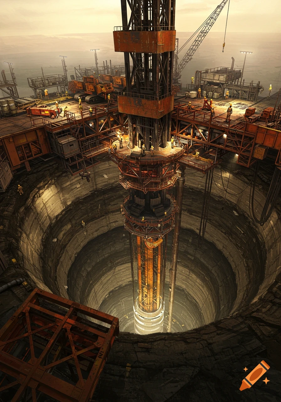 A photorealistic image of a massive industrial drilling platform built over a very deep, dark borehole with workers.