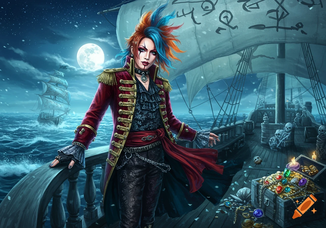 A stylized pirate captain with colorful spiky hair and a red coat stands on a ship deck at night, with treasure and skulls under a full moon.