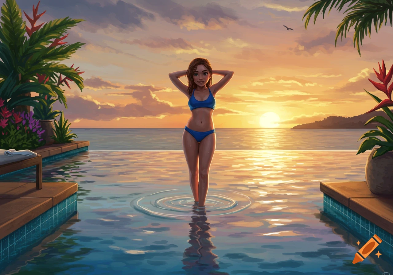 Illustrated girl in a blue bikini standing in an infinity pool overlooking a tropical ocean sunset.