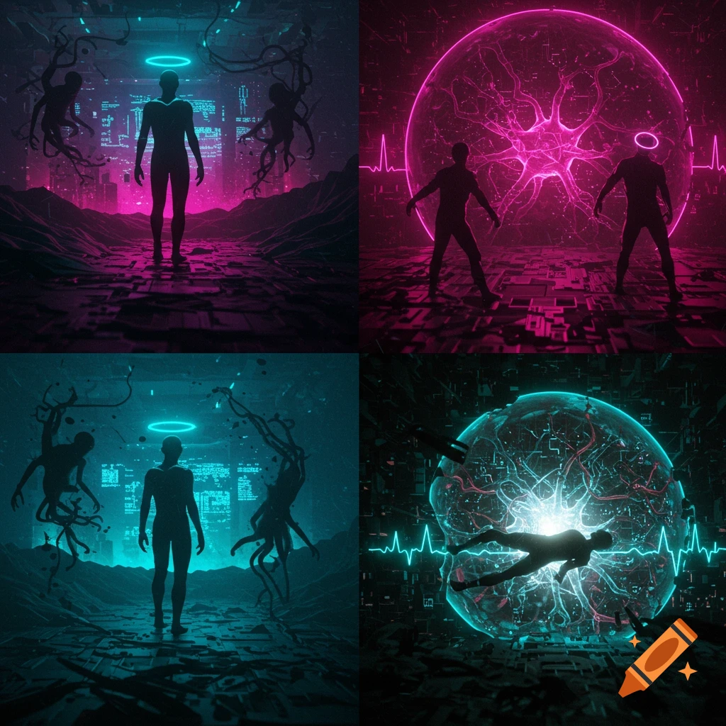 Four panels of cyberpunk scenes. Silhouetted figures with glowing halos in neon cyan and magenta environments, with neural spheres and abstract cityscapes.