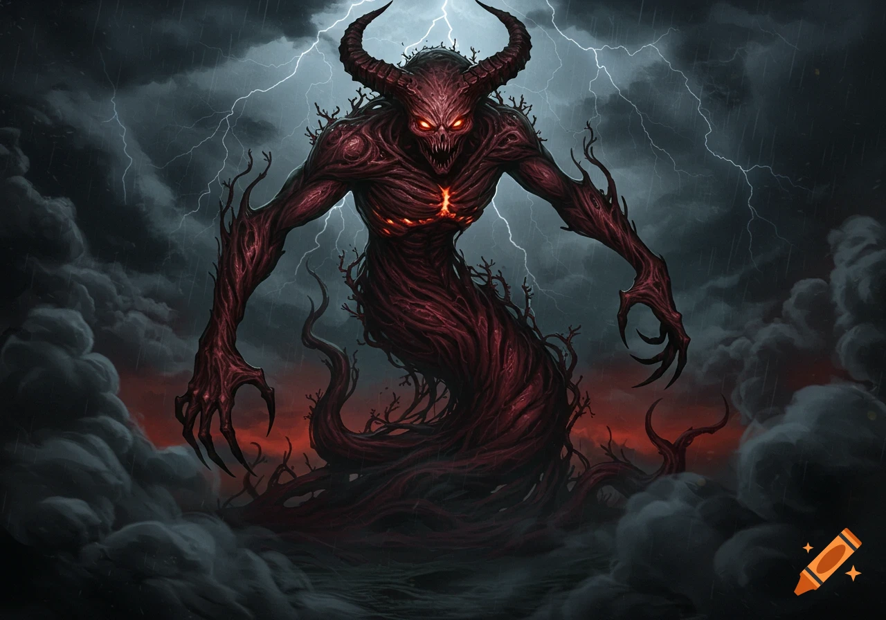 A red, horned demon made of twisted roots with glowing eyes emerges from dark storm clouds with lightning.