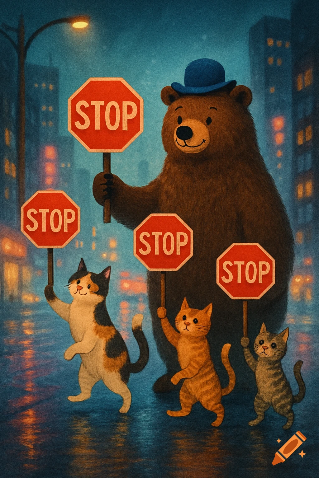 A friendly bear in a blue hat and three cats hold red STOP signs on a rainy city street at night, in a textured illustration style.