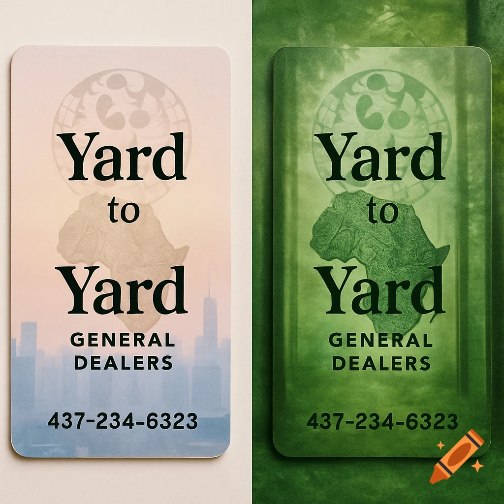 Two business cards for 'Yard to Yard General Dealers'. One has a pale cityscape background, the other a green forest, both with a globe, Africa outline, and phone number.
