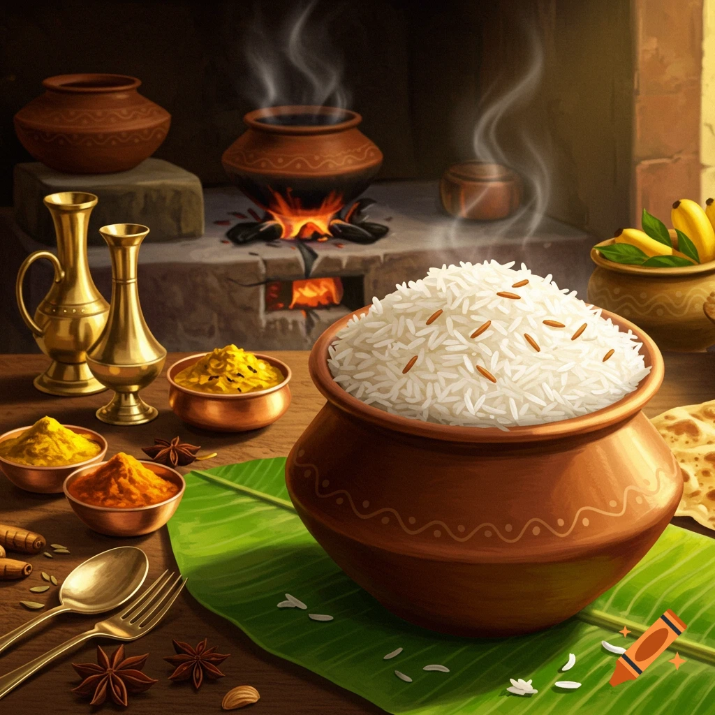 Illustration of a traditional Indian kitchen with a pot of white rice, various spices, brass vessels, and cooking pots over fire.