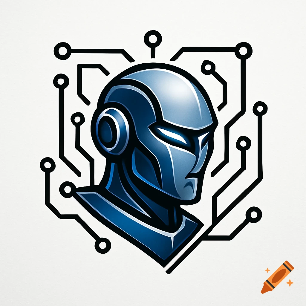 Stylized blue and grey robot head logo with circuit board lines in the background.