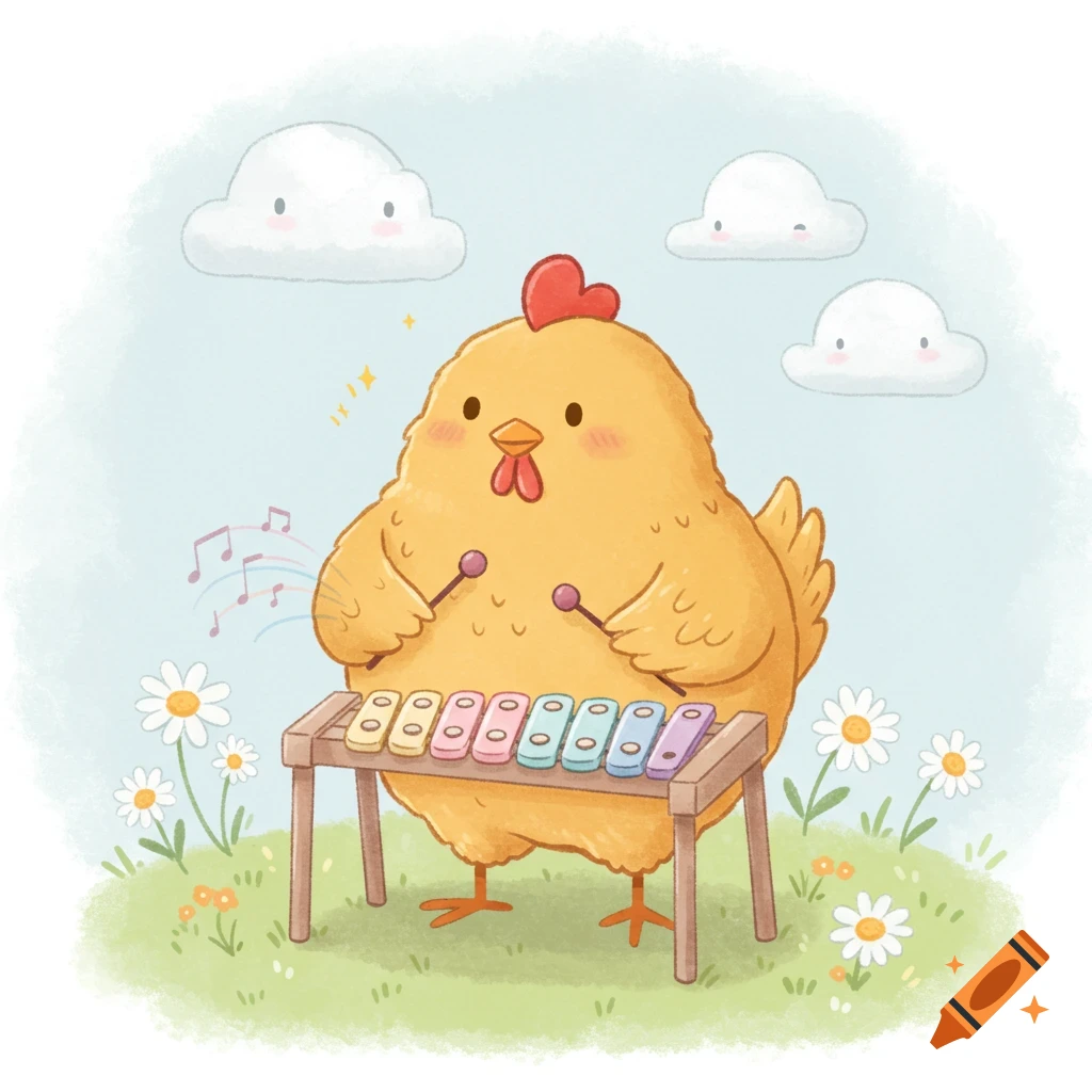 A cute, fluffy yellow chicken plays a colorful xylophone in a grassy field under a blue sky with cartoon clouds.