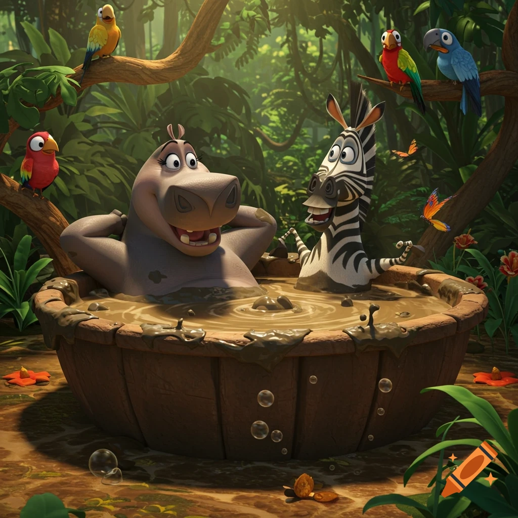 Gloria the hippo and Marty the zebra from Madagascar relaxing in a muddy wooden tub in a lush jungle, 3D animation.