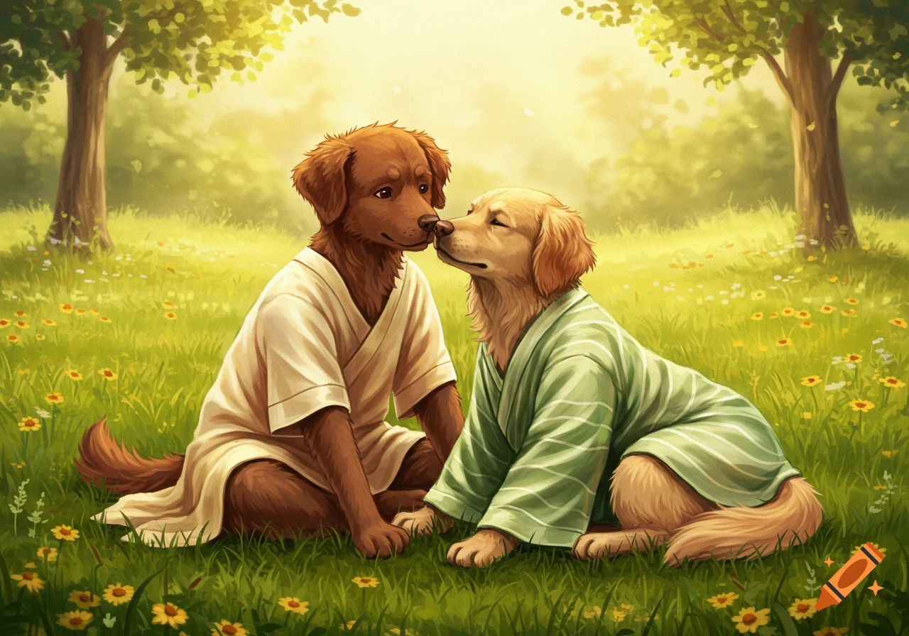 Two anthropomorphic dogs, one brown and one golden, cuddle nose-to-nose in a sunny, flower-filled meadow, wearing tunics. Illustrated.