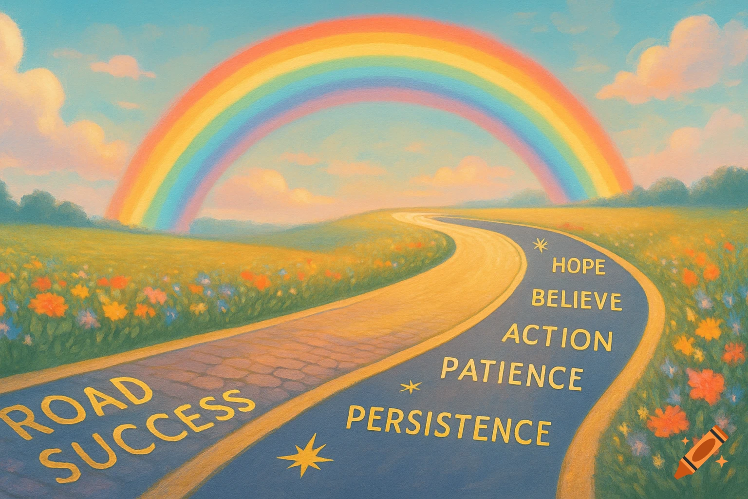 A winding road with motivational words like "HOPE" and "SUCCESS" leads toward a rainbow over a field of wildflowers under a blue sky, in a vibrant, painterly style.