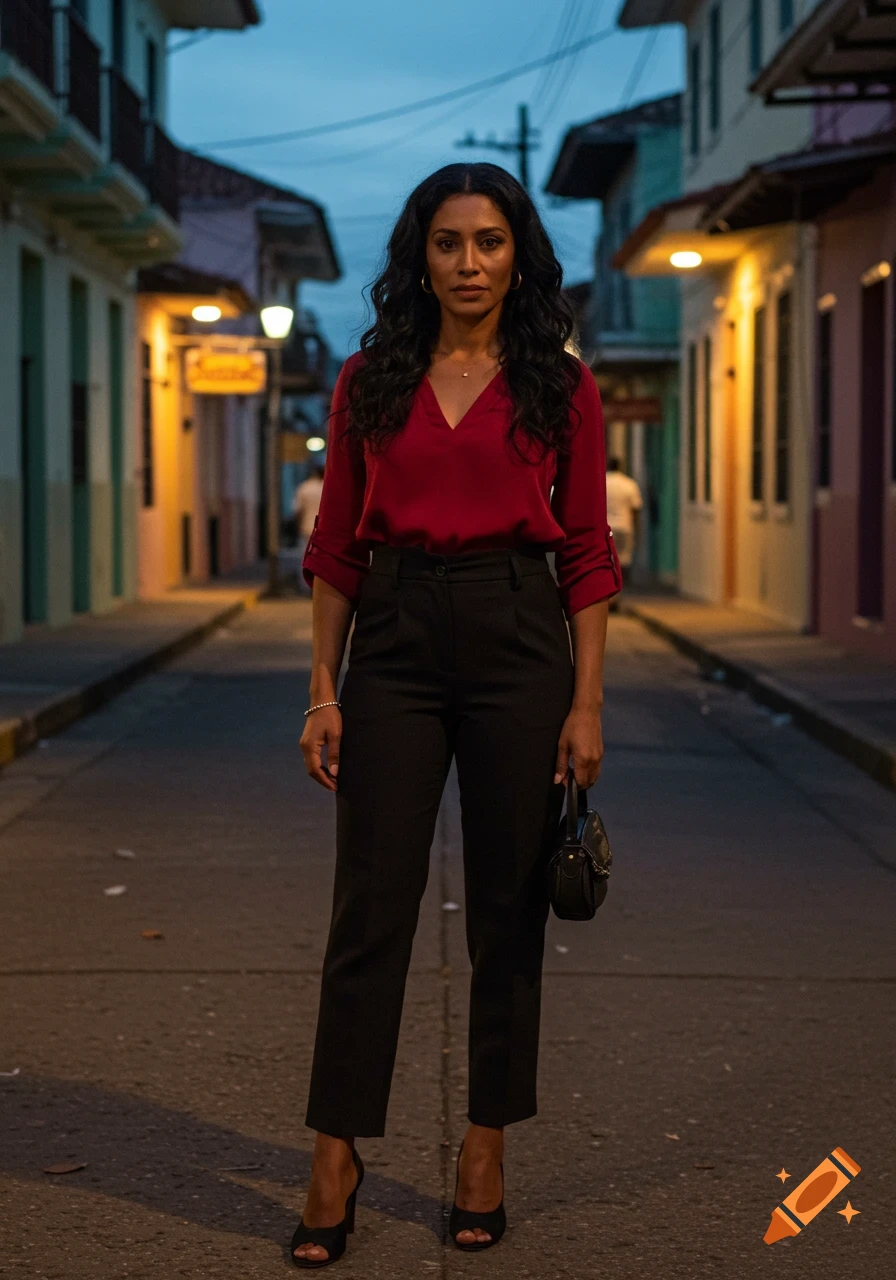 A woman in a red blouse and black trousers stands confidently on a street at dusk, with colorful buildings in the background.