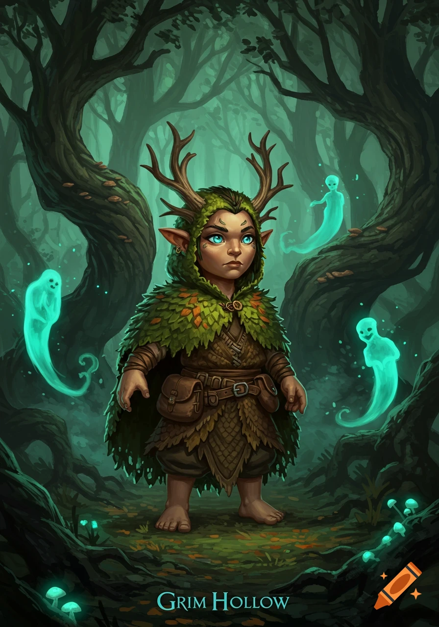 A small, stout halfling druid with deer antlers and a leaf cloak stands in a magical, eerie forest with glowing mushrooms and three friendly ghost wisps. The text "Grim Hollow" is at the bottom.