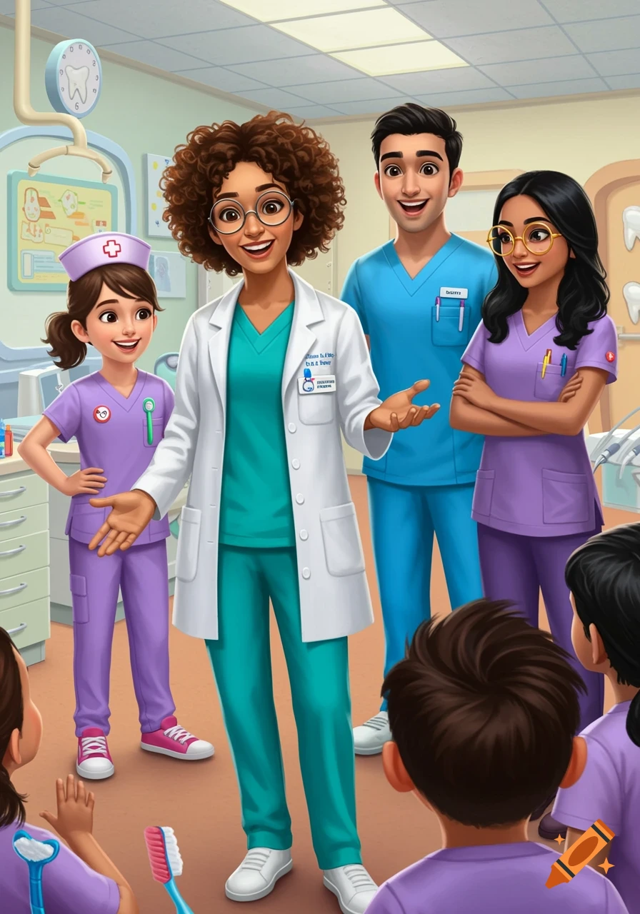 Cartoon illustration of four diverse healthcare professionals (doctors and nurses) in scrubs and lab coats, smiling at a group of children in a bright dental clinic.