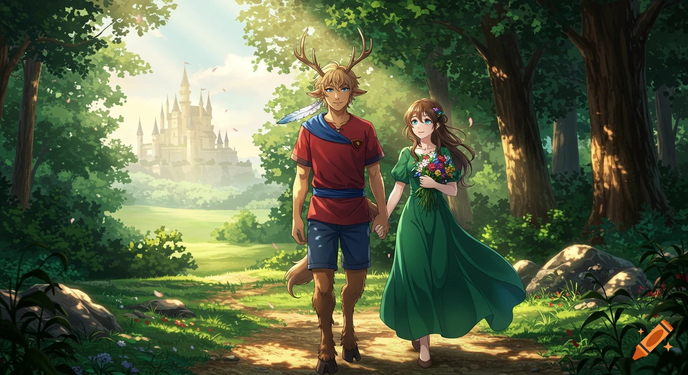 Anime-style illustration of a satyr boy and his girlfriend holding hands, walking on a forest path with a castle in the distance.