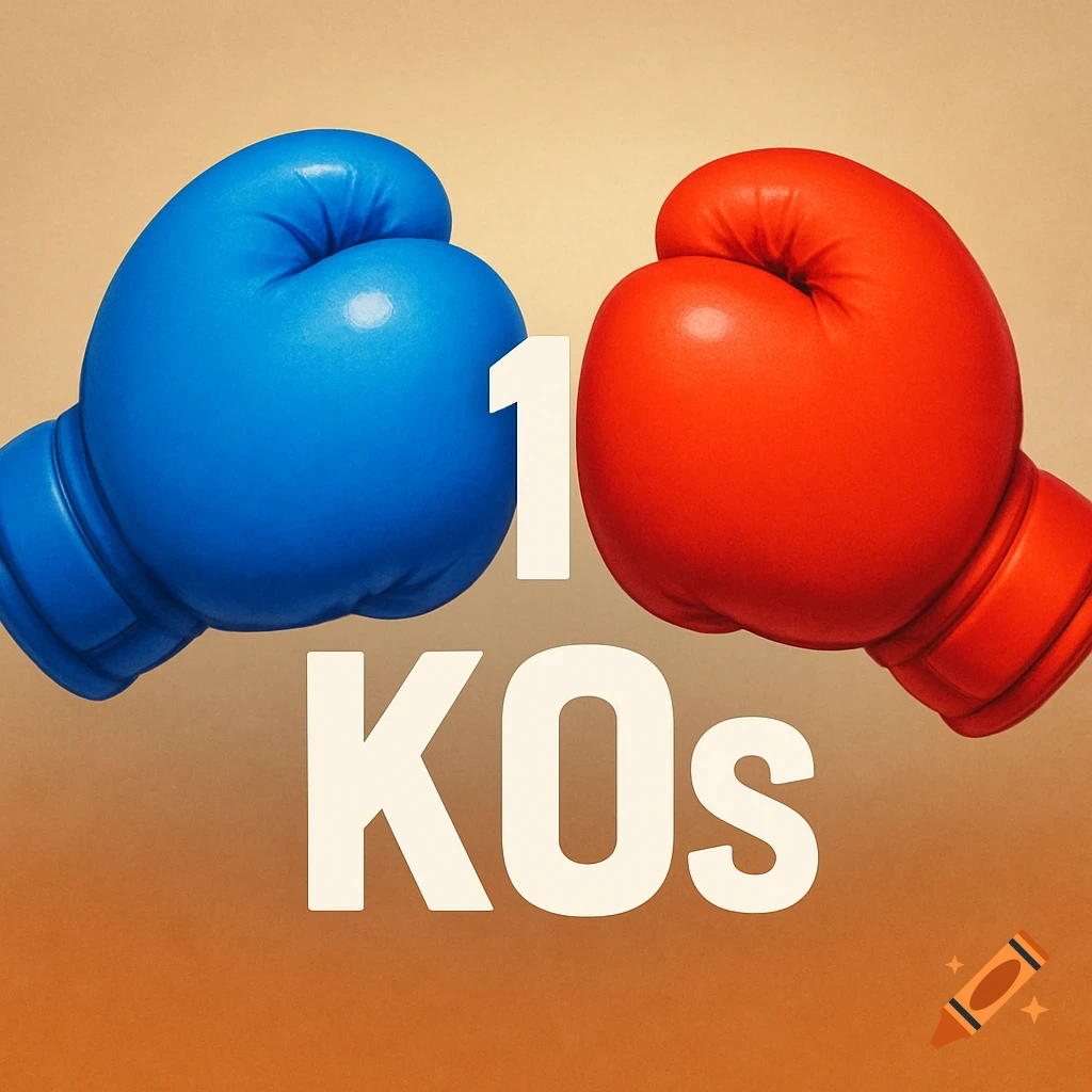 A blue boxing glove and a red boxing glove face each other. Between them is a large white number 1, and below it, the word KOs.