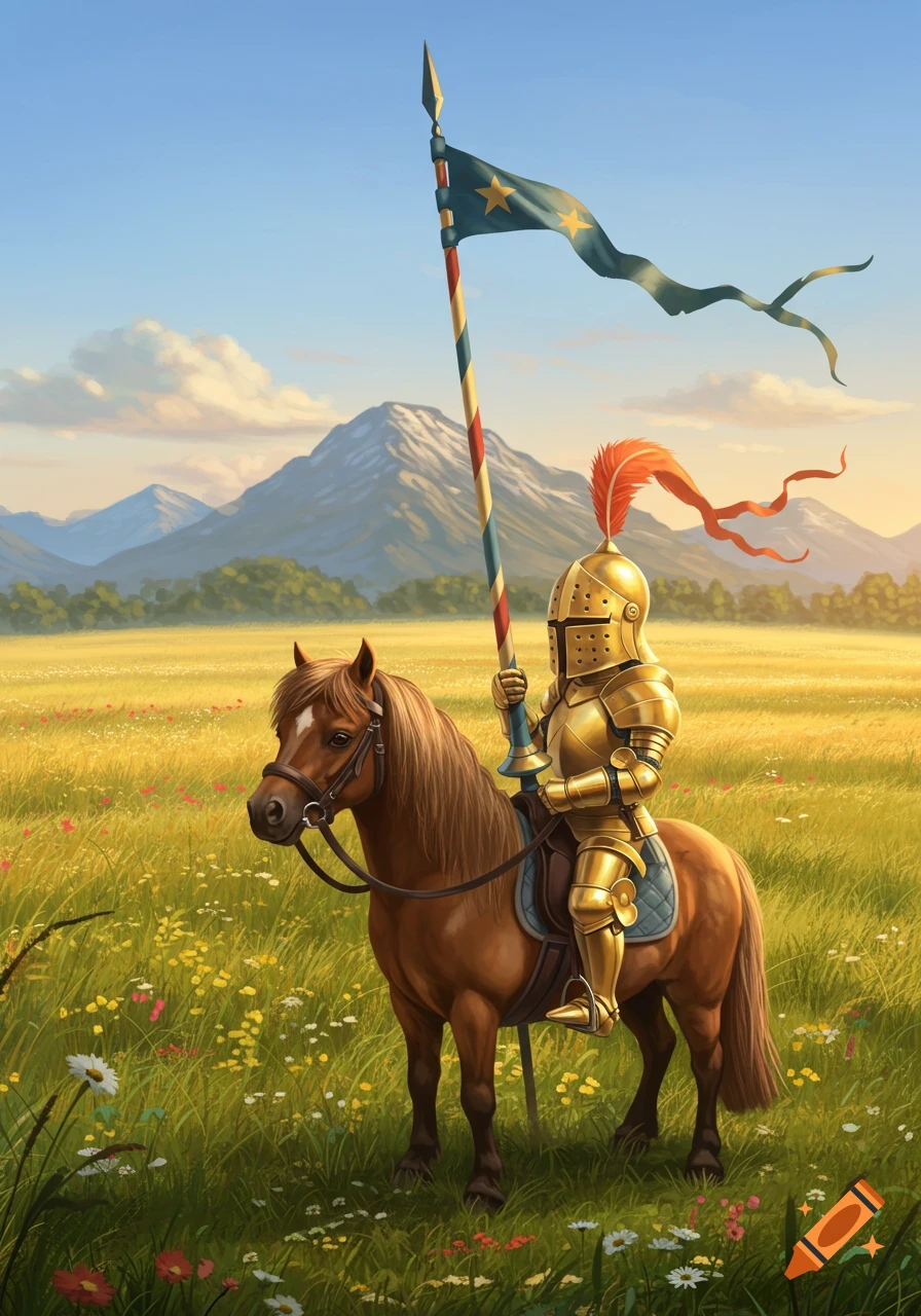 An armored knight on a brown pony holds a banner in a colorful wildflower field with mountains behind, in an illustrated style.