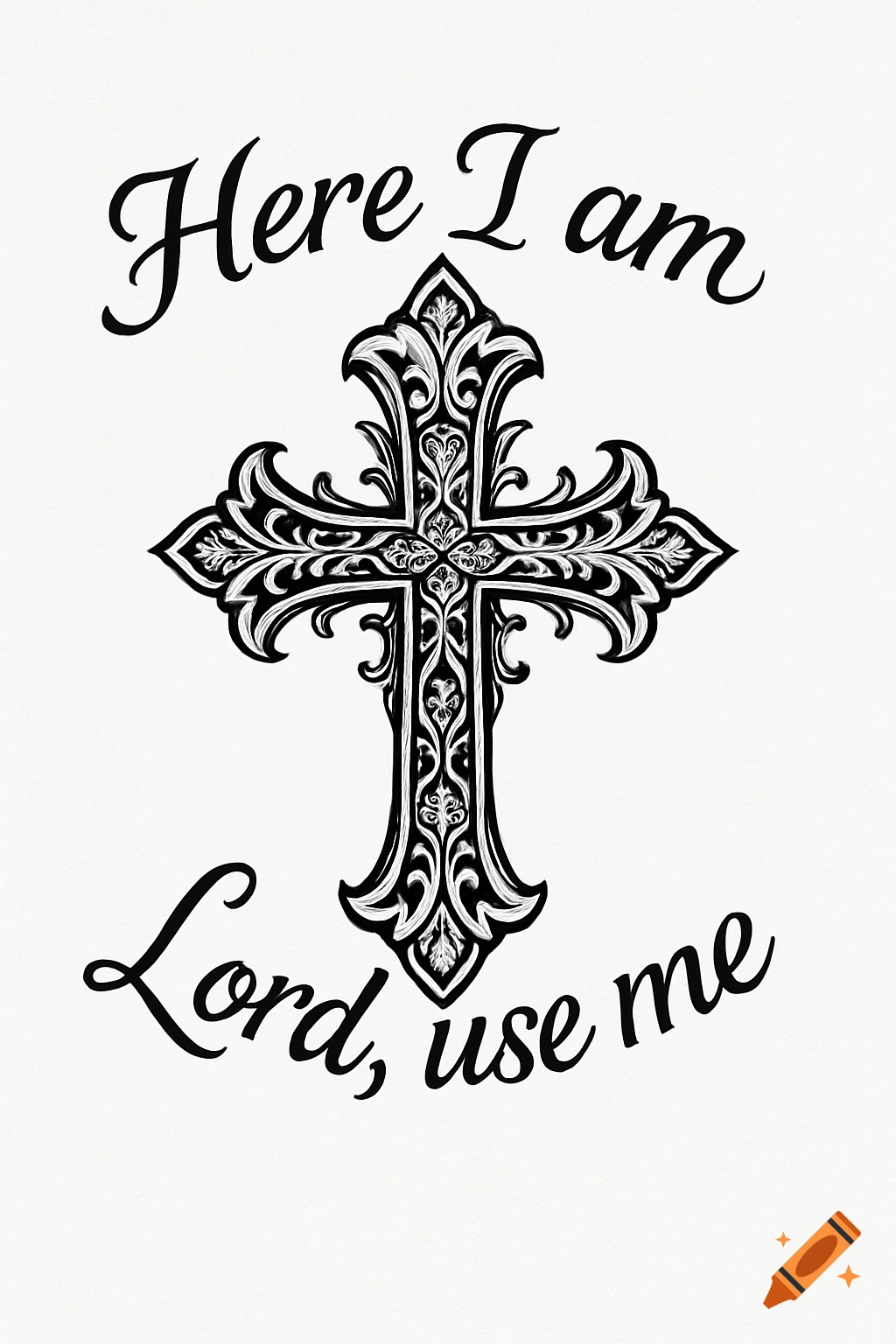 Black and white illustration of an ornate religious cross with the cursive text 'Here I am Lord, use me'.