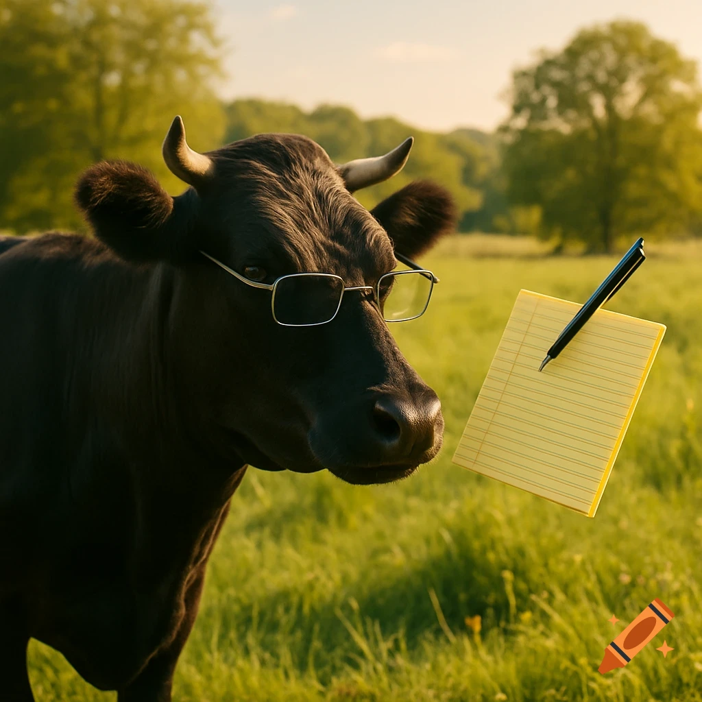 A photorealistic black cow wearing wire-frame glasses stands in a sunny green field, with a yellow legal pad and black pen floating next to its head.