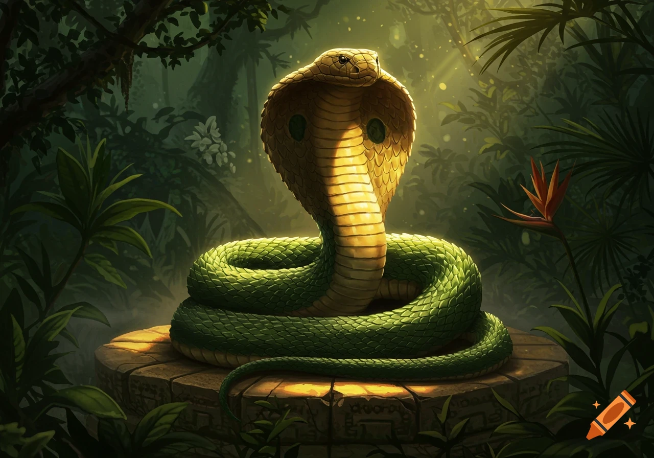 A majestic cobra with a spread hood coiled on a stone pedestal in a sun-drenched jungle, digital art style.