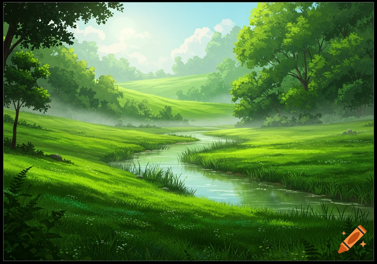 Vibrant illustration of a winding river flowing through a lush green valley with grassy hills and dense trees.